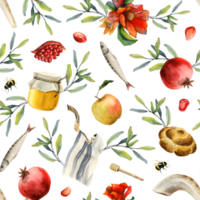 Rosh hashanah watercolor seamless pattern for Jewish new year gift wrapping and greeting designs with pomegranates, honey, apples, blowing shofar, flowers, challah png