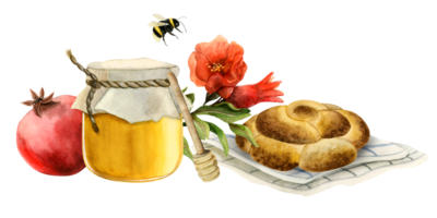 shanah tovah Rosh hashanah symbolen horizontaal groet banier met honing kan, ronde challah en granaatappel fruit en bloemen waterverf illustratie voor Joods nieuw jaar png