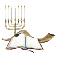 Yom Kippur greeting card template for Jewish holiday New Year, Rosh Hashanah with Torah book, menorah and shofar horn. Gmar hatimah tovah watercolor illustration png