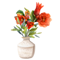 romã flores ramalhete dentro bege vaso com galhos e folhas. granada Flor e jovem frutas aguarela ilustração. botânico clipart para judaico rosh Hashaná Novo ano png