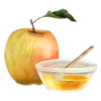 Yellow red apple and honey bowl with wooden dipper spoon watercolor illustration for Rosh Hashanah holiday. Jewish new year traditional food png