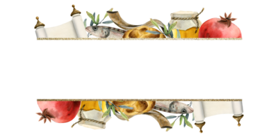 rosh hashanah und yom Kippur rechteckig Gruß Banner Vorlage mit Copyspace Aquarell Illustration zum jüdisch Neu Jahr. Shana Tova, Granatäpfel, Honig, Stritzel png