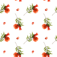 Red pomegranates flowers and seeds watercolor seamless pattern with bright branches. Botanical realistic illustration for wrapping paper, fabric, food and cosmetics products png