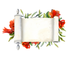 Blank scroll with red pomegranate flowers banner template or Rosh Hashanah greeting card watercolor illustration for Jewish New year. png