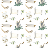Jewish Yom Kippur seamless pattern with menorah, candles, man in tallit blowing shofar and Torah scroll png