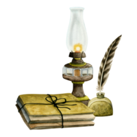 Watercolor vintage kerosene lamp with stack of paper folders, documents and inkwell with with feather illustration png