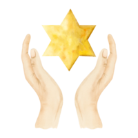 Yellow gold Star of David watercolor holding in hands illustration. Six pointed hexagram geometric figure for Judaism religious designs png