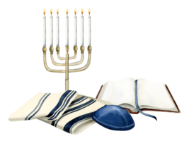 Shabbat prayer or Yom Kippur greeting card template for Jewish holiday with Torah book, menorah, kippah and tallit. Gmar hatimah tovah watercolor illustration png