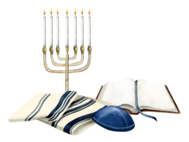 Schabbat Gebet oder yom Kippur Gruß Karte Vorlage zum jüdisch Urlaub mit Tora Buch, Menora, Kippah und Tallit. gmar Hatimah tovah Aquarell Illustration png