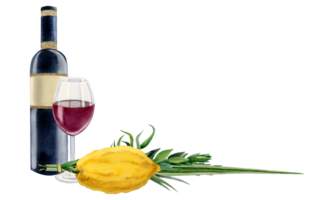 Etrog, four species plants, red wine bottle and glass for Sukkot holiday watercolor illustration. Jewish banner template png