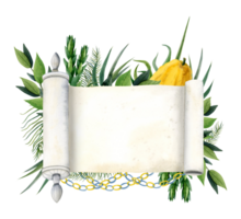 sukkot banier temperen met blanco Thora rol en symbolen waterverf illustratie. vier soorten etrog fruit, hadass, lulav, aravah, mirte en wilg png