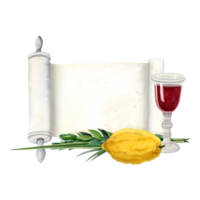 jewish sukkot hälsning baner mall med symboler, torah skrolla och röd vin glas vattenfärg illustration. fyra arter etrog, hadeass, lulav, aravah png