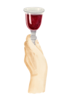 Human hand holding glass of red wine template watercolor illustration. Realistic human body fragment clipart for drinks and beverages design png