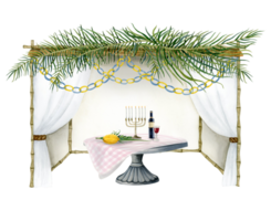Sukkah with palm leaves, paper decorations and Jewish Sukkot symbols, menorah, wine, lulav on table watercolor illustration for Jewish holiday. Hand drawn succah hut png
