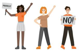 Group of women protest against gender violence. Angry girls in different poses - holding a banner, raising fist up. Civil resistance. Hand drawn vector cartoon illustration. Female community, equality