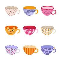 Cute hand drawn set of handmade ceramic mugs with colorful patterns. Different tea cup and coffee mug for scandinavian kitchen. Vector clipart of morning crockery, cartoon cup porcelain tableware