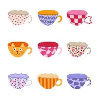 Cute hand drawn set of handmade ceramic mugs with colorful patterns. Different tea cup and coffee mug for scandinavian kitchen. Vector clipart of morning crockery, cartoon cup porcelain tableware