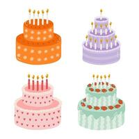 Set of cute birthday cake with burning candles. Dessert for celebration, anniversary, wedding. Stylized vector illustration of holiday cupcake. Trendy hand drawn clipart in the scandinavian style