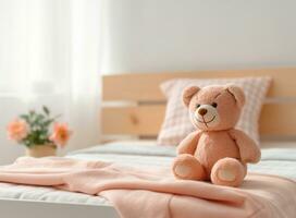 Children's bed with toy bear in bedroom photo