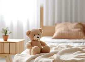 Children's bed with toy bear in bedroom photo