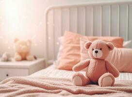 Children's bed with toy bear in bedroom photo