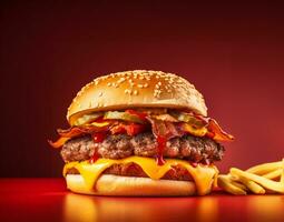 Hamburger on red background photo