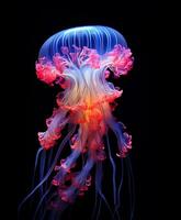 Glowing jellyfish swim deep in blue sea, neon jellyfish fantasy on black background photo