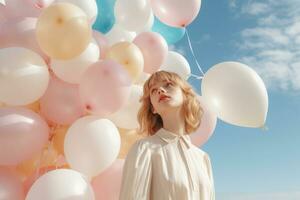 a girl who is throwing colored balloons in the sky AI Generated photo