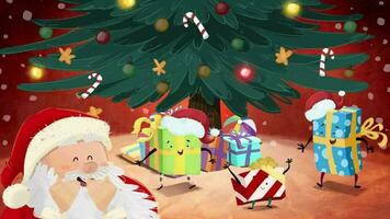 Natale scena con Santa Claus ridendo e i regali ballare, con Natale albero nel il sfondo video