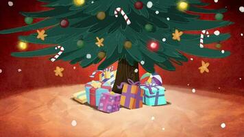 Natale albero sfondo con luci e i regali. nel il scena esso è nevicando video