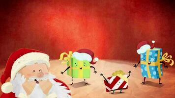 Christmas scene with Santa Claus laughing and gifts dancing video