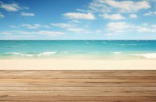 wooden deck beach and sky backgrounds AI Generated photo