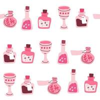 Pink Halloween pattern on white. Bottles with potion, magic drink. Valentines day pattern. vector