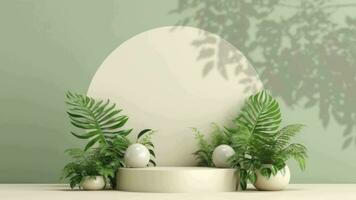 minimal podium display with plants for cosmetic product presentation, pedestal or platform background, with motion shadow of leaf video