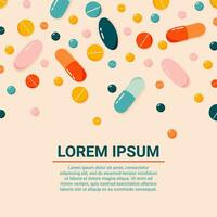 Colourful pills banner background. Trendy hand drawn medicaments on a beige background. Healthcare concept. Banner, card, poster, social media template. Modern vector illustration.