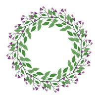 Cute hand drawn round frame with floral elements, herbs, leaves, flowers, twigs. Vector illustration for wedding design, logo and greeting card.