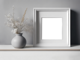 Portrait Square white picture frame mockup on vintage bench, table. Modern ceramic vase with dry Lagurus ovatus grass, Template for placing photos, paintings, drawings in the office. Ai generated png