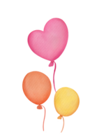 Watercolor hand drawn Holiday illustration of flying pink, red, yellow balloon heart isolated on transparent background. Greeting object art or baby shower birthday, wedding cards, invirations png