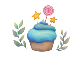 Hand drawn Watercolor delicious cupcake with blue cream topping, glaze, festive lollipop and stars isolated on transparent background. clip art for design of menu, cafe, advertisement png