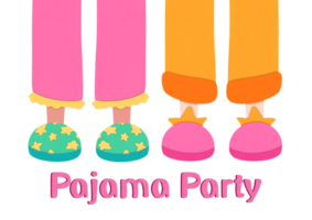 Legs in funny slippers and text Pajama Party on transparent background. slumber illustration flyer cut paper style for kids. invitation to birthday celebration in comfortable shoes. Good night png