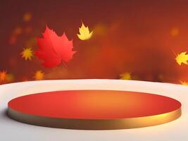 Autumn Display Podium Decoration Background with Autumn leaves and empty minimal pedestal product display copy space. scene stage showcase, product, promotion sale, banner, presentation. Ai generated photo