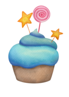 Hand drawn Watercolor delicious cupcake with blue cream topping, glaze, festive lollipop and stars isolated on transparent background. clip art for design of menu, cafe, advertisement png