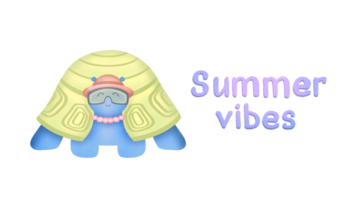 Funny happy sea Turtle Clipart. Cartoon Children's illustration with animals text summer vibe on a transparent background png