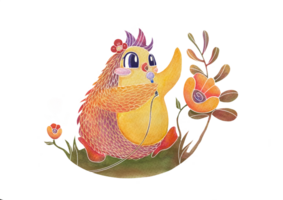 Watercolor cartoon bird on isolated transparent background. Happy joyful sings into microphone. postcard with children's musical character and clearing with flowers. song congratulations on holiday png