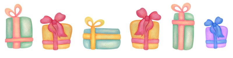 Muster mit Geschenk Kisten auf ein transparent Hintergrund. Aquarell Urlaub drucken zum Verpackung Geschenke, Aufkleber, Band, Bänder. glücklich Geburtstag, fröhlich Weihnachten Karten png