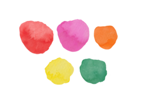 Abstract hand drawn brush strokes different colours isolated on transparent background. Stain set paint elements for design, highlighting, scrapbooking. Watercolor texture with round blobs, spot png