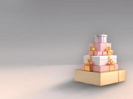 Large stack of gifts in shape of mountain. horizontal delicate layout with copy space for flyers, banners, advertising of holiday discounts and sales. Festive sale background. photo