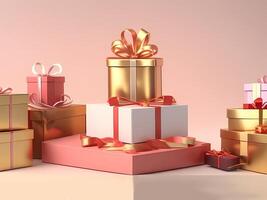 Large stack of gifts in shape of mountain. horizontal delicate layout with copy space for flyers, banners, advertising of holiday discounts and sales. Festive sale background. photo
