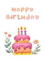 Cute colorful pastel cheerful birthday cake with candles, flowers roses, ranunculus, anemones, happy birthday text. watercolor hand painting illustration on transparent background for greeting card png