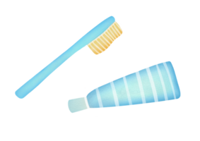 teaching kids to hygiene, selfcare, brush teeth, bedtime routine and morning rituals. Watercolor illustration of blue toothbrush, toothpaste for boy on transparent background. dental and oral kit png